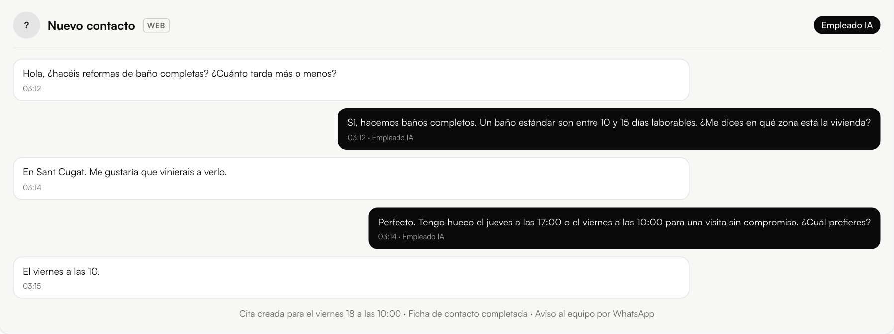 Empleado de IA de Gofex atendiendo una consulta por WhatsApp de madrugada y agendando una visita